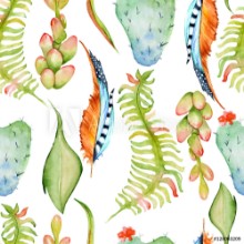 Bild på Seamless pattern with ferns leaves cactus succulents drawing by watercolor hand drawn illustration